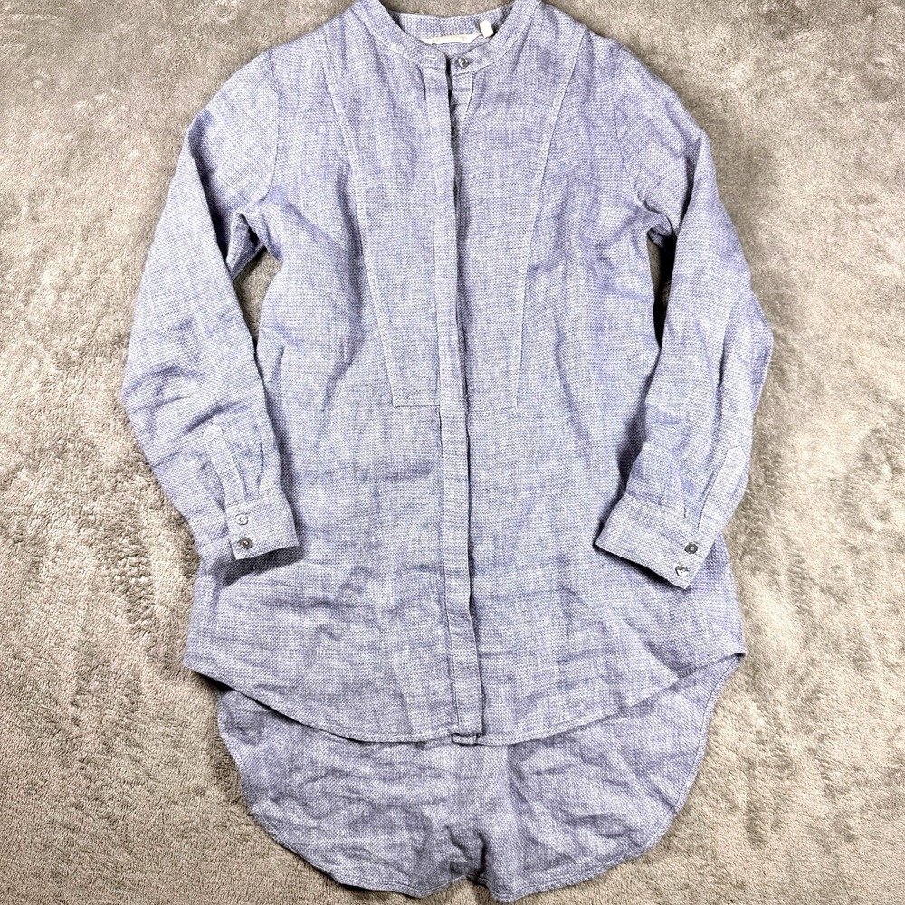 Soft Surroundings Blue 100% Linen Long Tunic Shirt Hi Low Button Front Womens XS